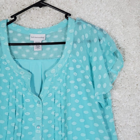 Soft Surroundings Shirt Women Medium Blue Dot Silk Rayon‎ Lined Button Up Blouse - Picture 2 of 11